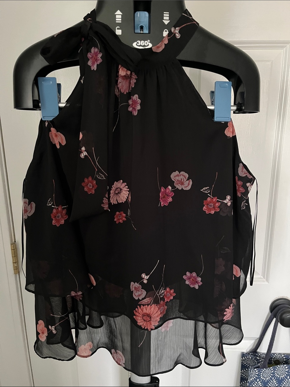 Black Floral Halter Tie-Neck Blouse